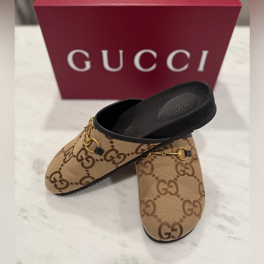 Gucci Tan and Brown GG Logo Slip-Ons